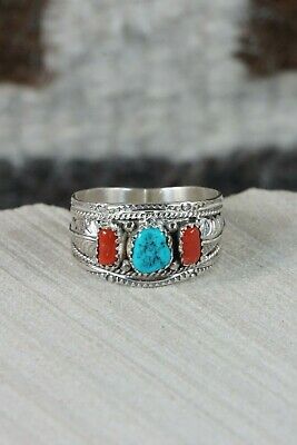 Navajo Turquoise & Coral Sterling Silver Ring - Harrison & Betty Begay - 13.75 - High Lonesome Trading