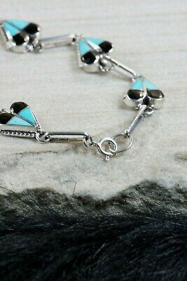 Zuni Turquoise, Onyx & Sterling Silver Heart Link Bracelet - Velda Nastacio