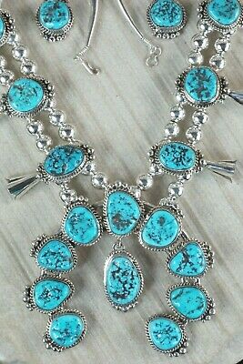 Turquoise & Sterling Silver Squash Blossom & Earrings - Vernon Johnson