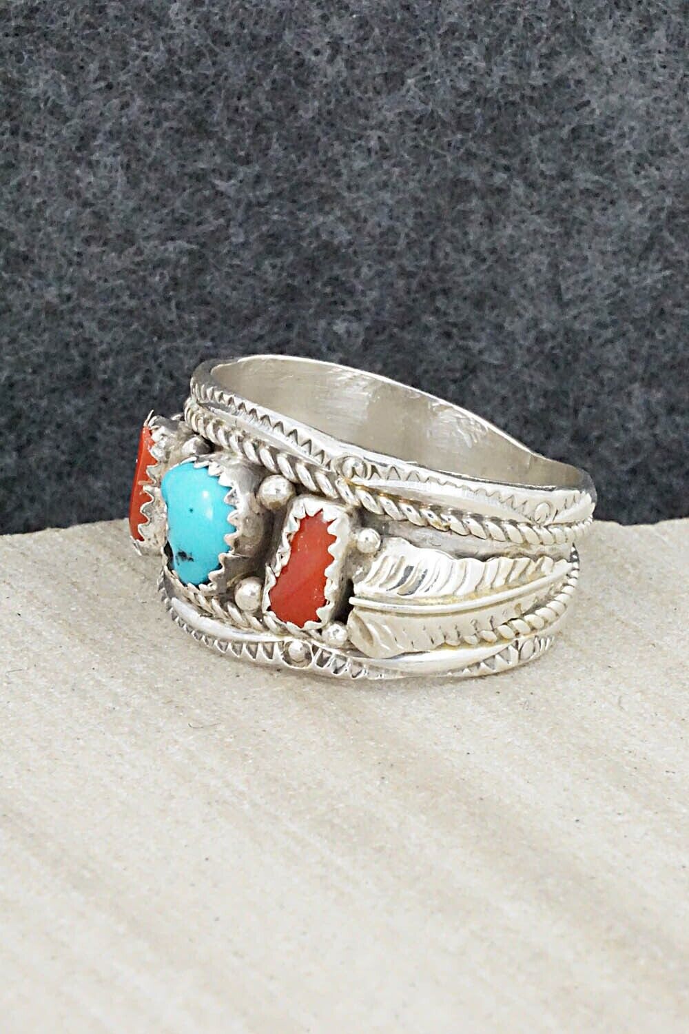 Turquoise, Coral and Sterling Silver Ring - Betty Begay - Size 11.75