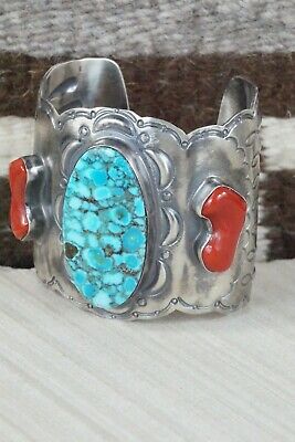 Navajo Turquoise, Coral & Sterling Silver Bracelet - Raymond Delgarito