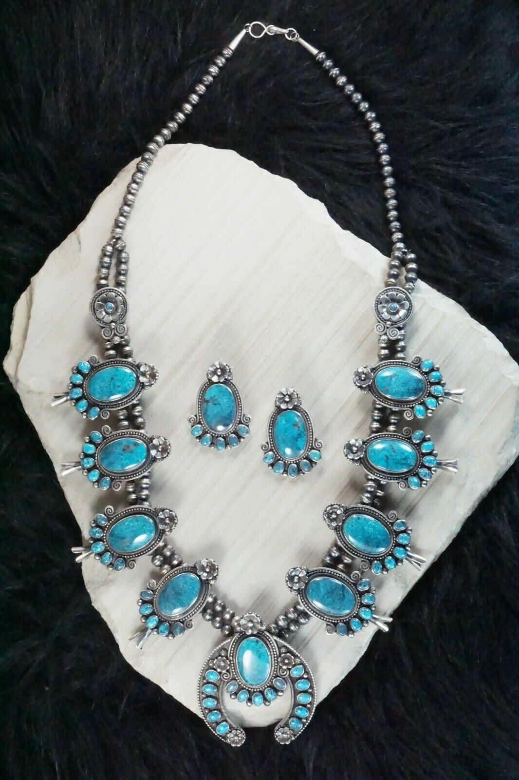 Turquoise & Sterling Silver Squash Blossom & Earrings - Myron Etsitty