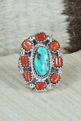 Turquoise & Coral Sterling Silver Ring - Roberta Begay - Size 6.25