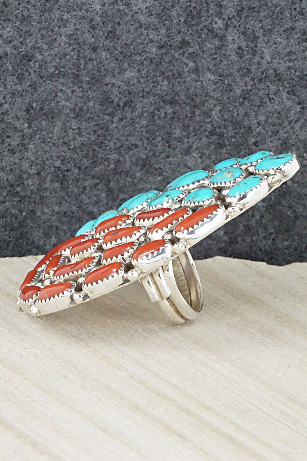 Coral, Turquoise & Sterling Silver Ring - Marlene Haley - Size 7 (adj.)