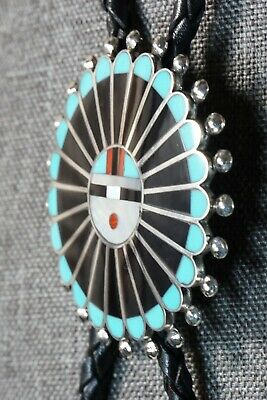 Zuni Turquoise & Sterling Silver Sun Face Bolo Tie - Adrian Wallace