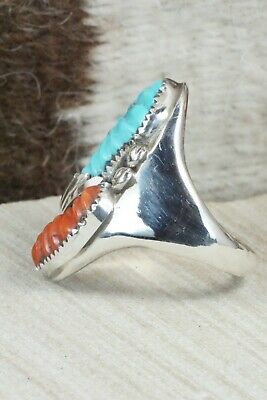 Turquoise, Coral & Sterling Silver Ring - Lyolita Tsattie - Size 13