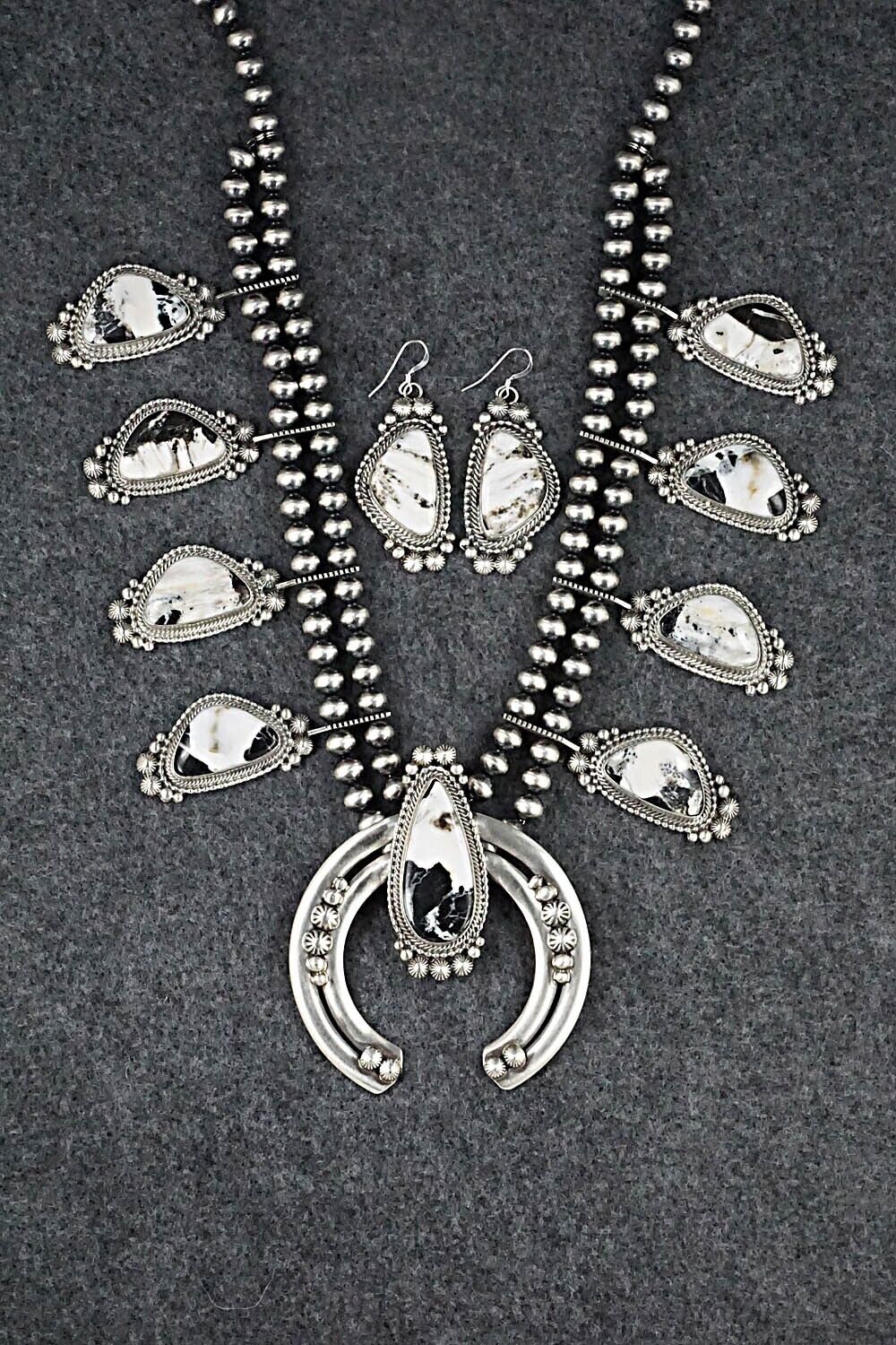White Buffalo & Sterling Silver Squash Blossom Set - Tom Lewis