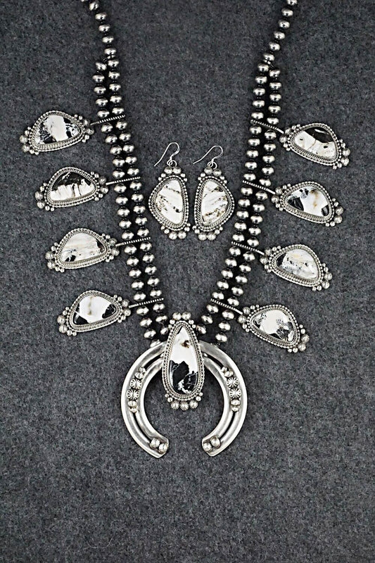 White Buffalo & Sterling Silver Squash Blossom Set - Tom Lewis