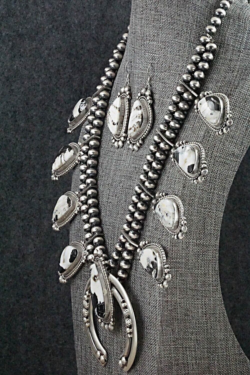 White Buffalo & Sterling Silver Squash Blossom Set - Tom Lewis