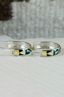 Zuni Multi Stone Inlay & Sterling Silver Hoop Earrings - Delberta Boone - High Lonesome Trading