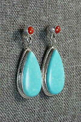 Turquoise, Coral & Sterling Silver Earrings - Judy Largo - Navajo