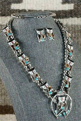 Zuni Inlay Owl Necklace and Sterling Silver Earring Set - Pitkin Natewa - High Lonesome Trading