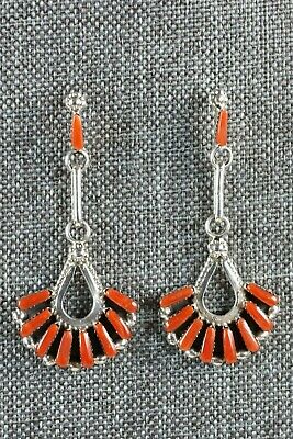 Zuni Coral & Sterling Silver Earrings - Carlene Hattie - High Lonesome Trading
