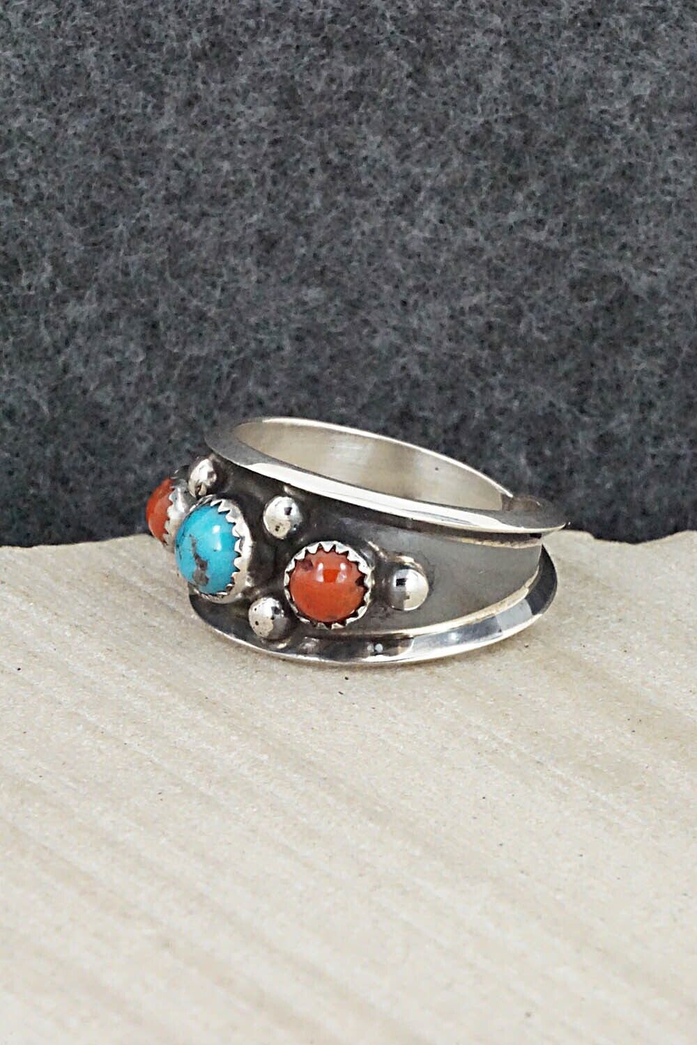 Turquoise, Coral & Sterling Silver Ring - Paul Largo - Size 9.5