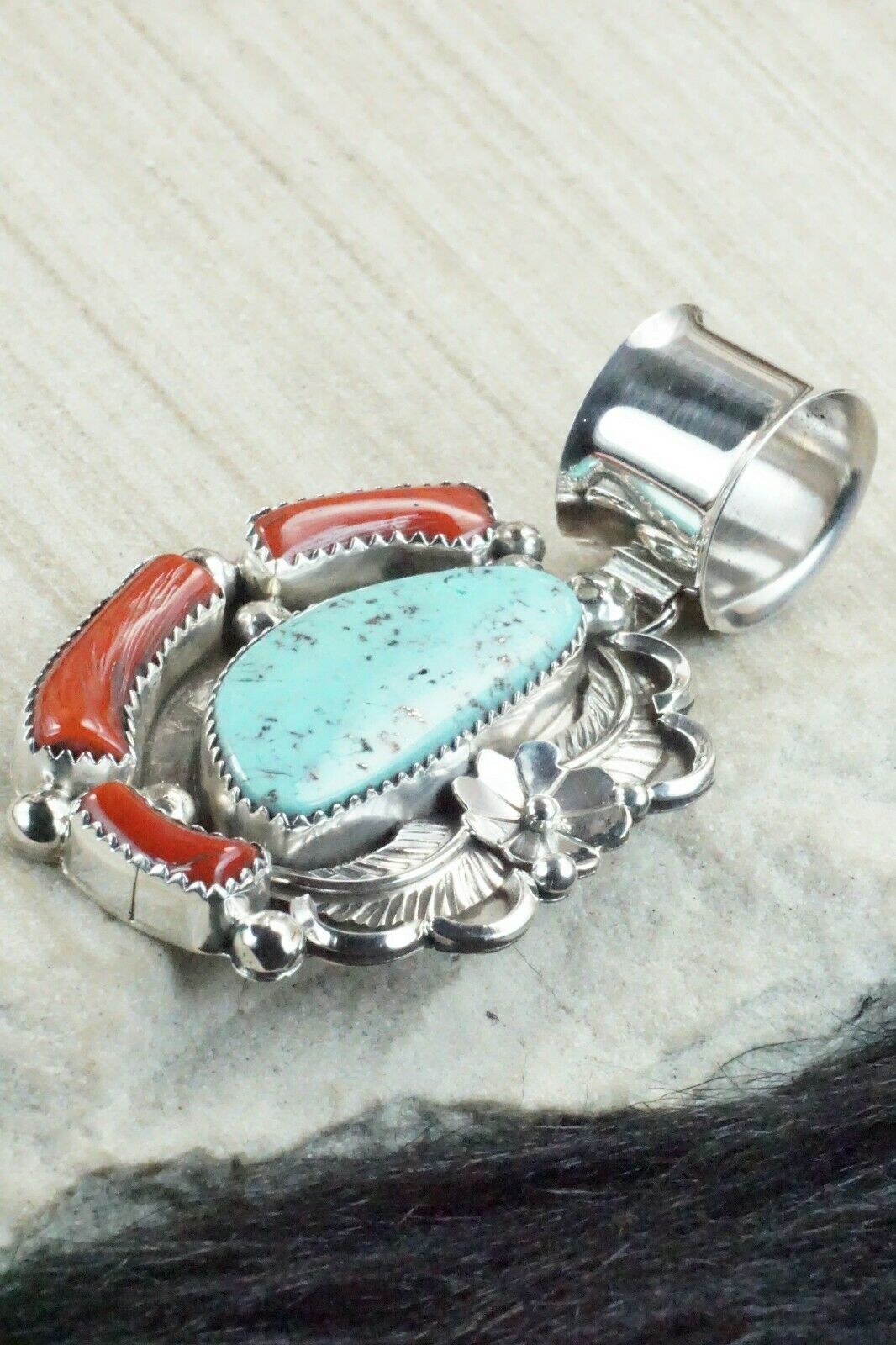 Turquoise, Coral and Sterling Silver Pendant - Shirley Largo