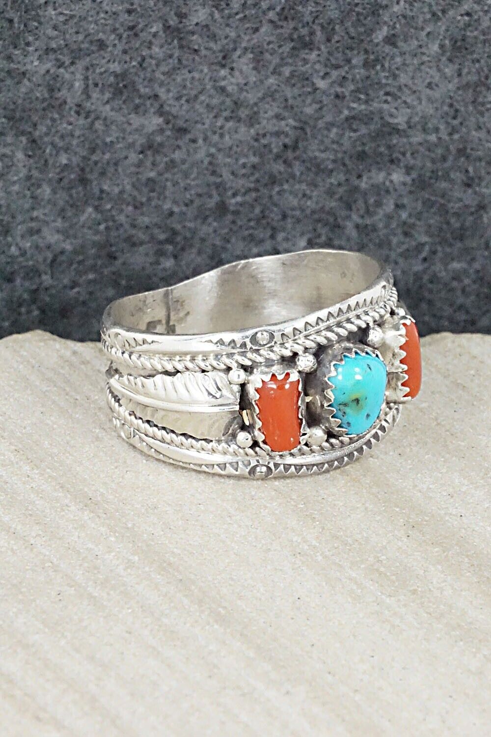 Turquoise, Coral and Sterling Silver Ring - Betty Begay - Size 13.25