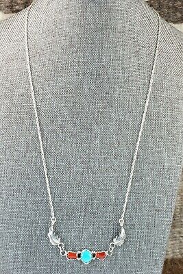 Navajo Turquoise, Coral & Sterling Silver Necklace - Verley Betone
