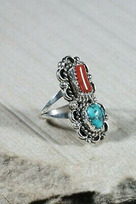 Navajo Turquoise and Coral Sterling Silver Ring - Freda Martinez - Size 6.5 - High Lonesome Trading