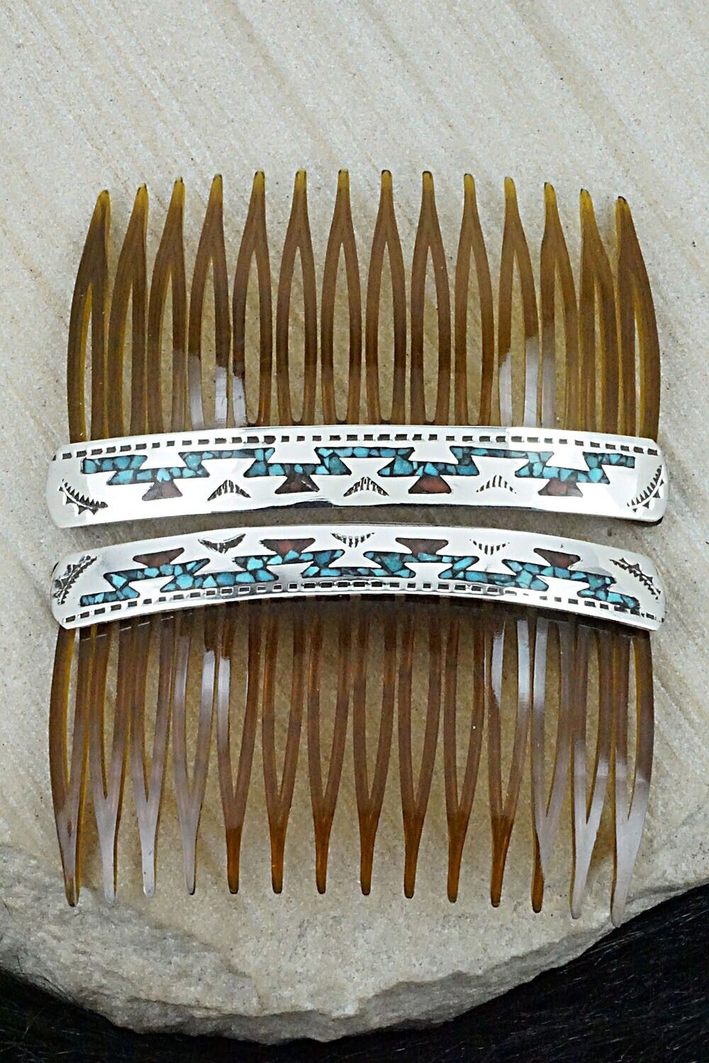 Turquoise, Coral Chip Inlay & Sterling Silver Hair Combs - Joleen Yazzie