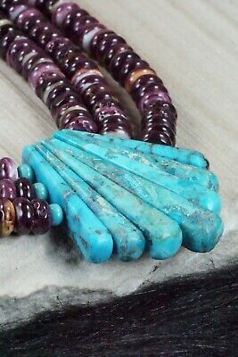 Turquoise, Spiny Oyster & Sterling Silver Necklace - Lupe Lovato