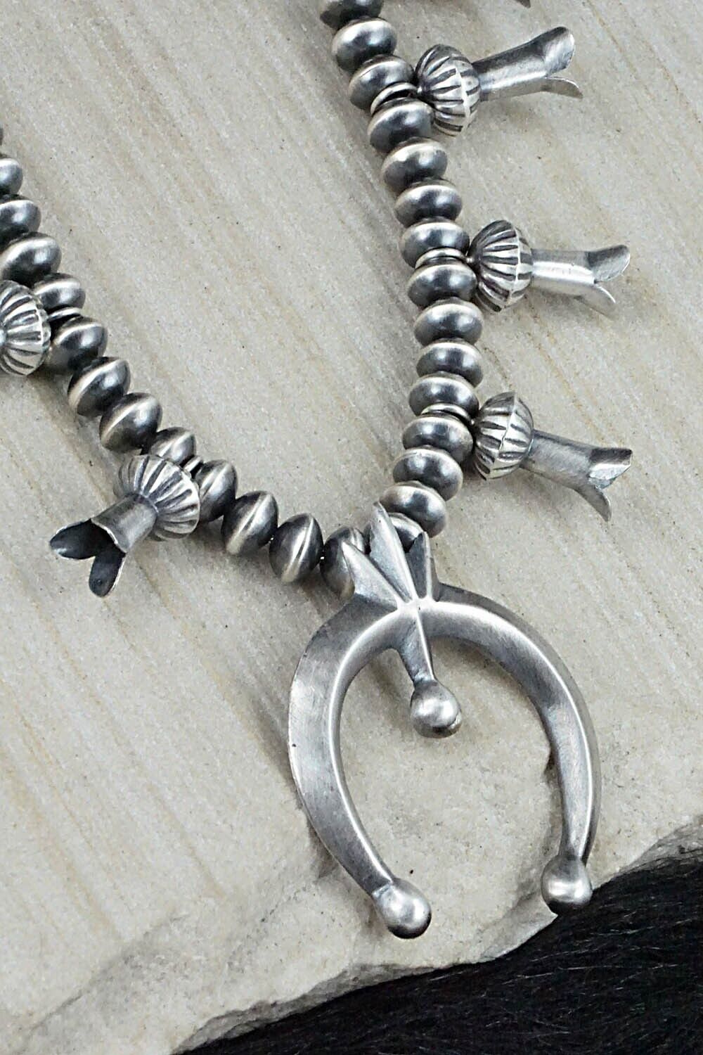 Sterling Silver Navajo Pearl Squash Blossom Necklace - Presley Haley