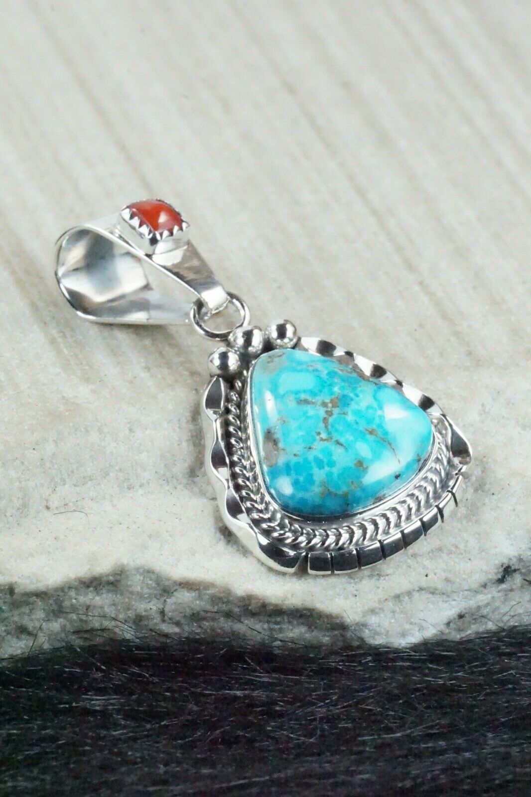 Turquoise, Coral and Sterling Silver Pendant - Navajo - High Lonesome Trading
