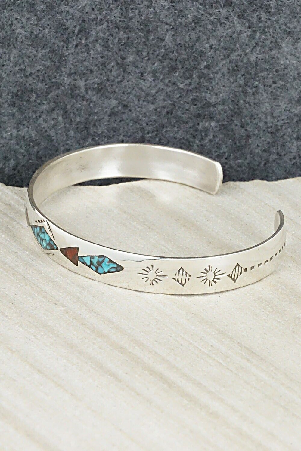 Turquoise, Coral Chip Inlay & Sterling Silver Bracelet - Jolene Yazzie