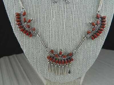 Zuni Coral & Sterling Silver Necklace and Earring Set - Florine Beyuka - Zuni - High Lonesome Trading