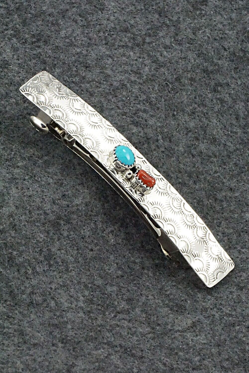 Turquoise, Coral & Sterling Silver Hair Barrette - Sally Arviso