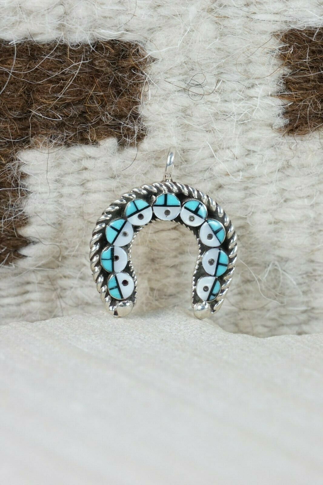 Zuni Turquoise & Mother of Pearl Sterling Silver Sunface Pendant - Janice Lalio - High Lonesome Trading