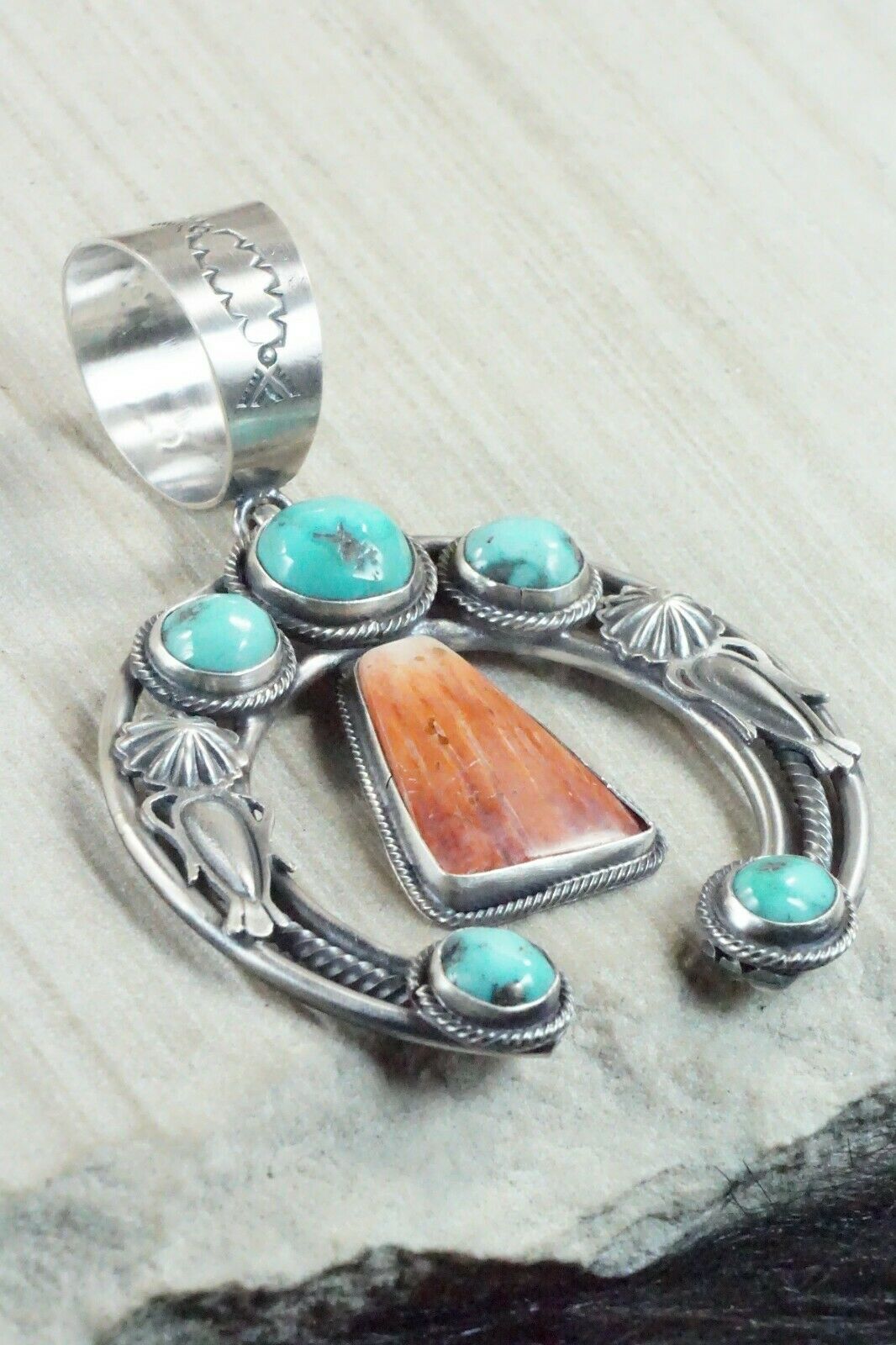 Turquoise, Spiny Oyster & Sterling Silver Naja Pendant - Raymond Delgarito