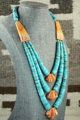 Turquoise, Spiny Oyster & Sterling Silver Necklace - Lupe Lovato
