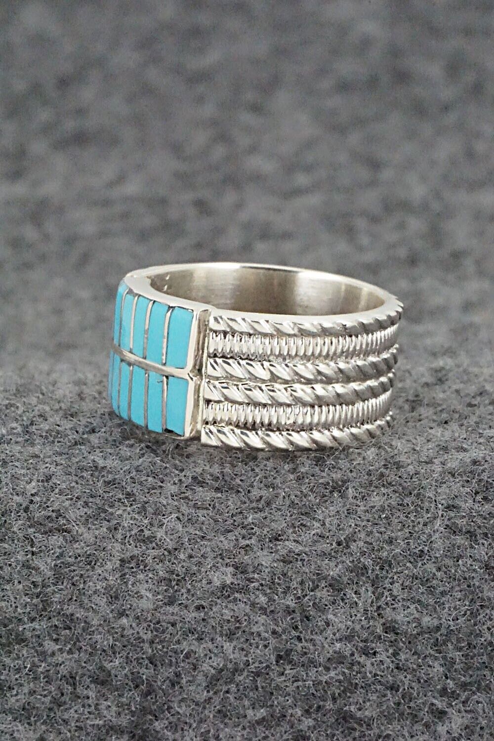 Turquoise & Sterling Silver Inlay Ring - Orlando Laweka - Size 7.5