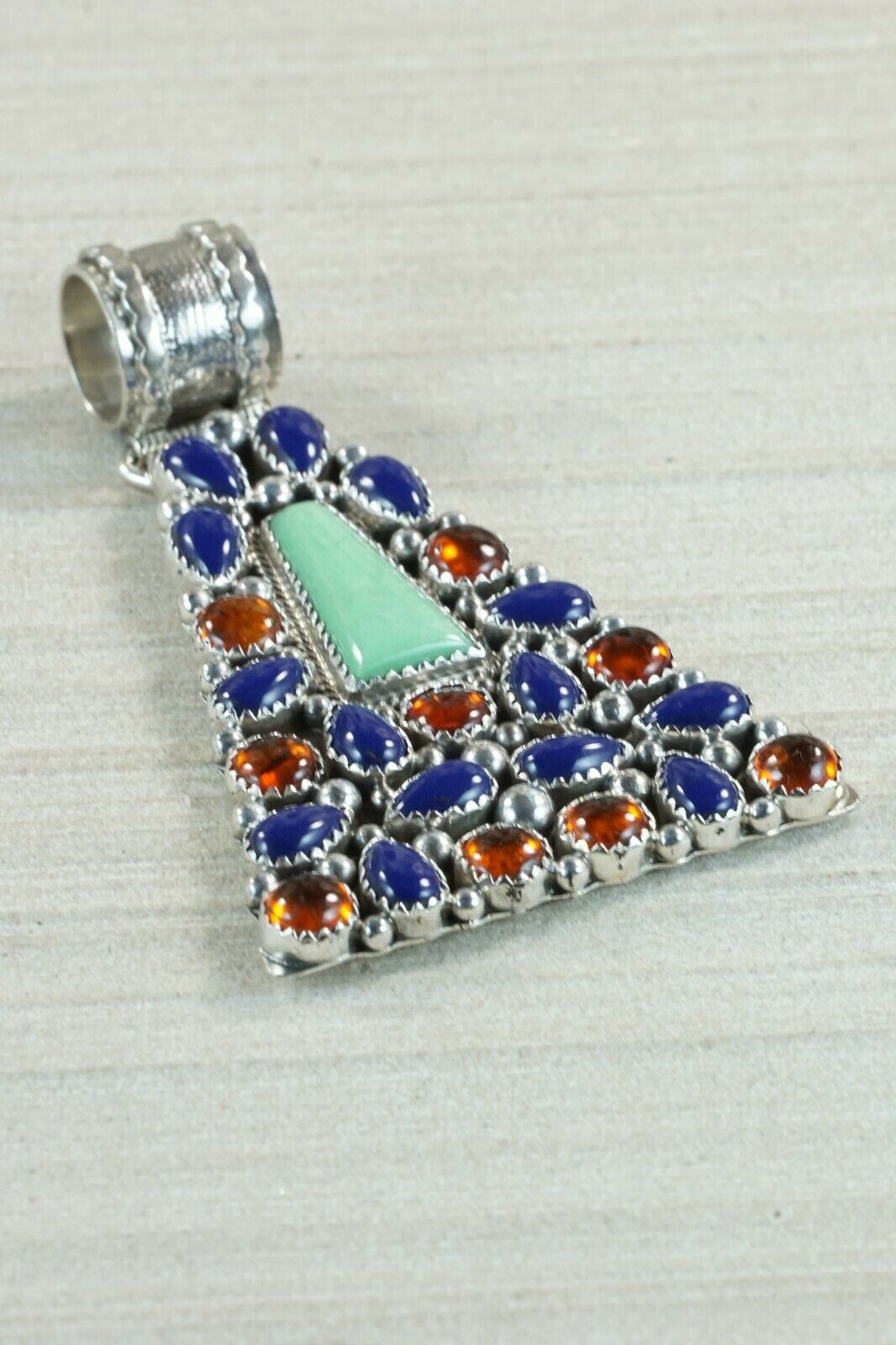 Navajo Lapis, Amber, Gaspeite & Sterling Silver Pendant - Native American