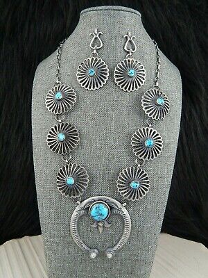 Turquoise & Sterling Silver Necklace and Earrings Navajo Eva and Linberg Billah - High Lonesome Trading
