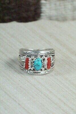 Turquoise, Coral and Sterling Silver Ring - Harrison & Betty Begay - 9.5 - High Lonesome Trading