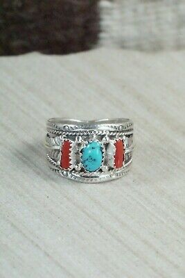 Turquoise, Coral and Sterling Silver Ring - Harrison & Betty Begay - 9.5