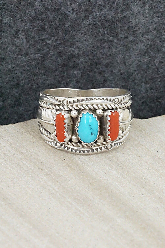 Turquoise, Coral and Sterling Silver Ring - Betty Begay - Size 11