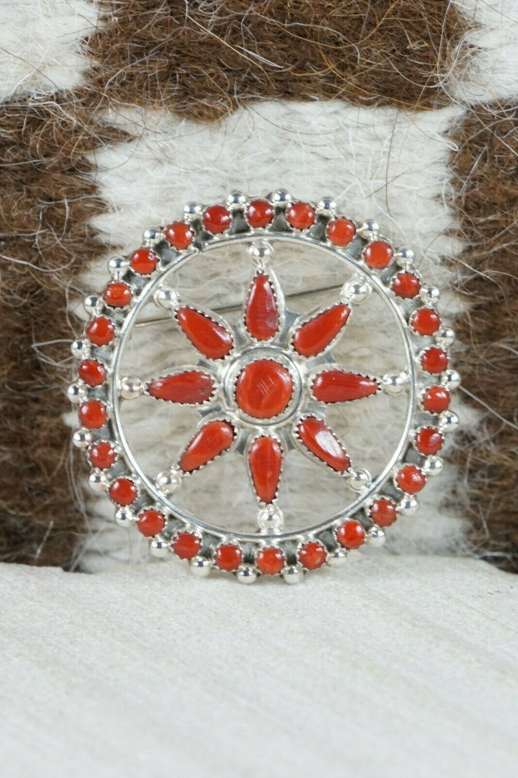 Zuni Coral & Sterling Silver Pendant / Pin - Rena Tsatie - High Lonesome Trading