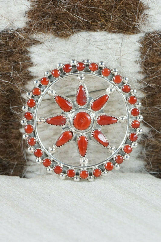 Zuni Coral & Sterling Silver Pendant / Pin - Rena Tsatie - High Lonesome Trading