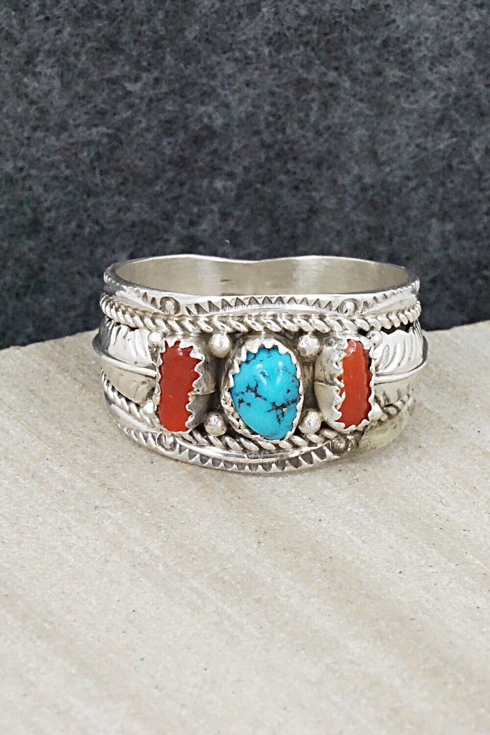 Turquoise, Coral and Sterling Silver Ring - Betty Begay - Size 12