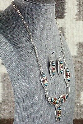 Turquoise, Coral & Sterling Silver Necklace and Earrings Set - Gladys Lamy