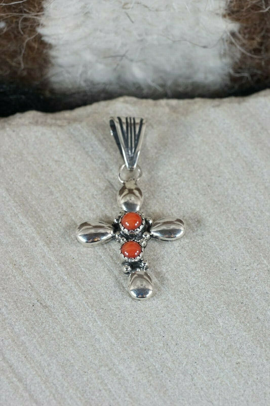 Navajo 2 Stone Coral and Sterling Silver Cross Pendant - Wendell Jake - High Lonesome Trading