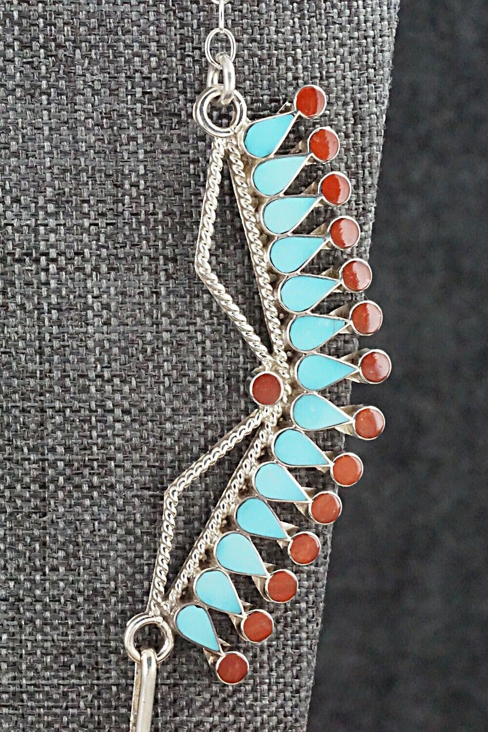 Turquoise, Coral & Sterling Silver Necklace - Fadrian Bowannie