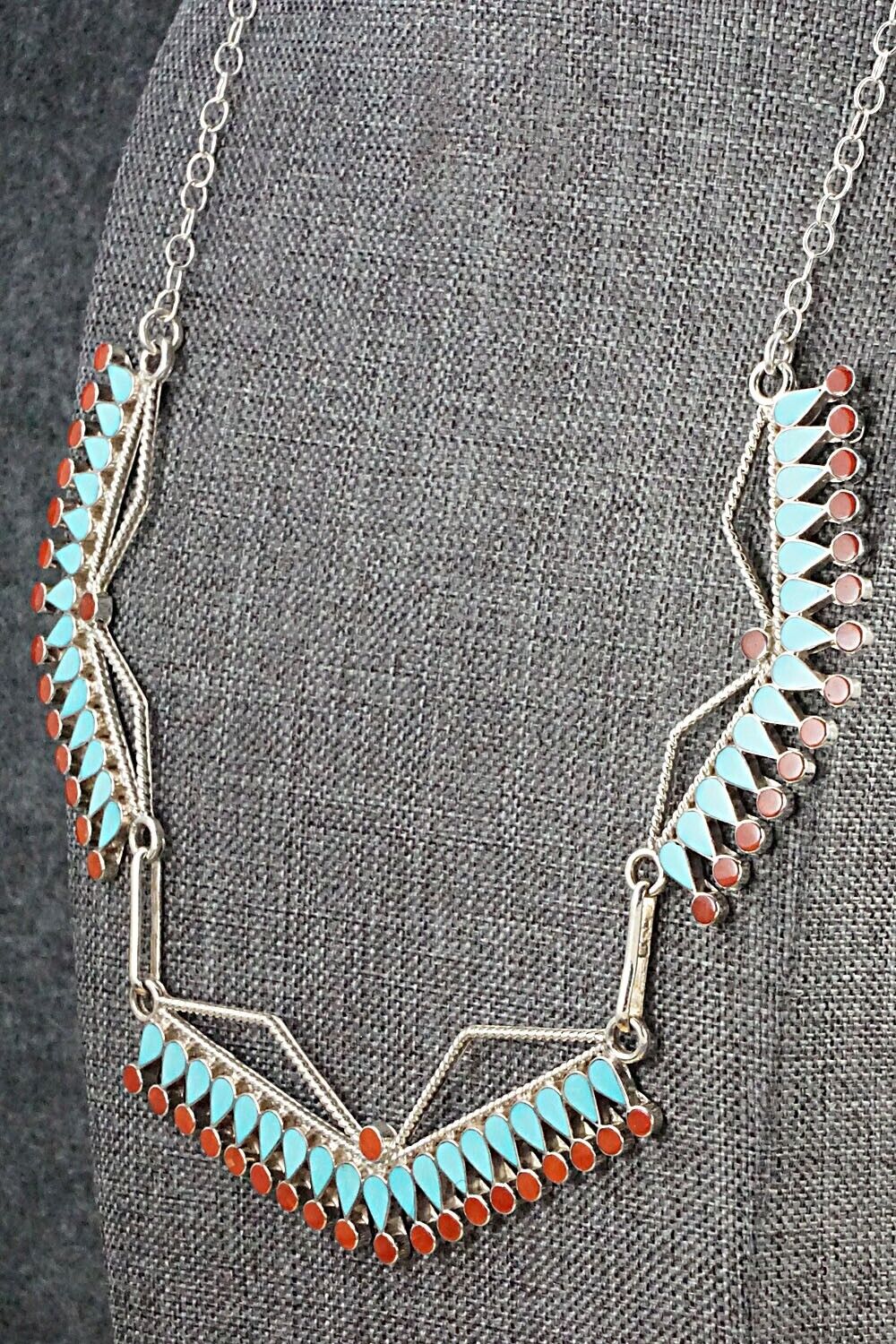 Turquoise, Coral & Sterling Silver Necklace - Fadrian Bowannie