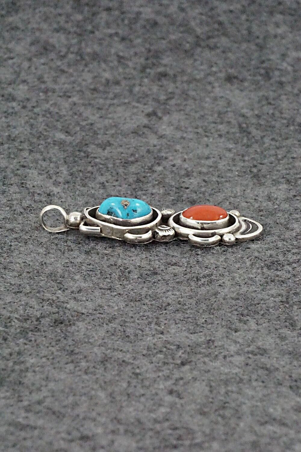 Turquoise, Coral & Sterling Silver Pendant - Roger Lewis