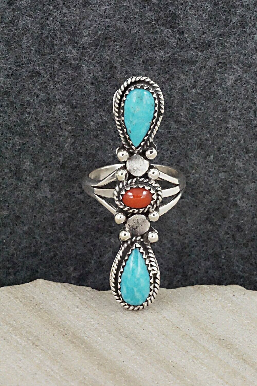 Turquoise, Coral & Sterling Silver Ring - Andrew Vandever - Size 6.5