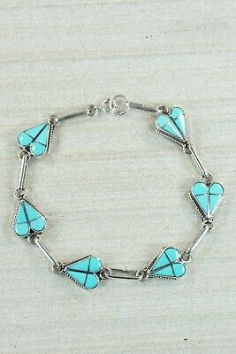 Zuni Turquoise & Sterling Silver Heart Link Bracelet - Velda Nastacio