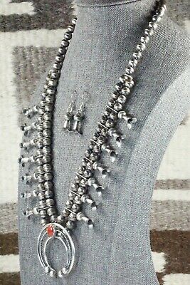 Coral & Sterling Silver Squash Blossom and Earrings - Leon Kirlie
