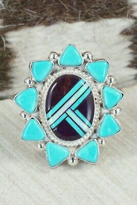 Turquoise, Spiny Oyster & Sterling Silver Ring - Leslie Lamy - Size 7.75